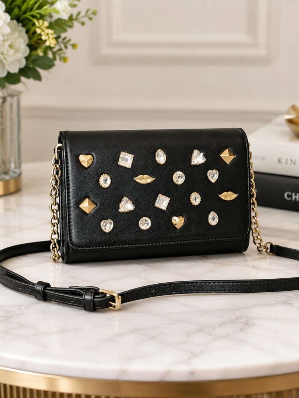 Betsey Johnson Black Jeweled Stud Crossbody Bag Gold Chain NWT